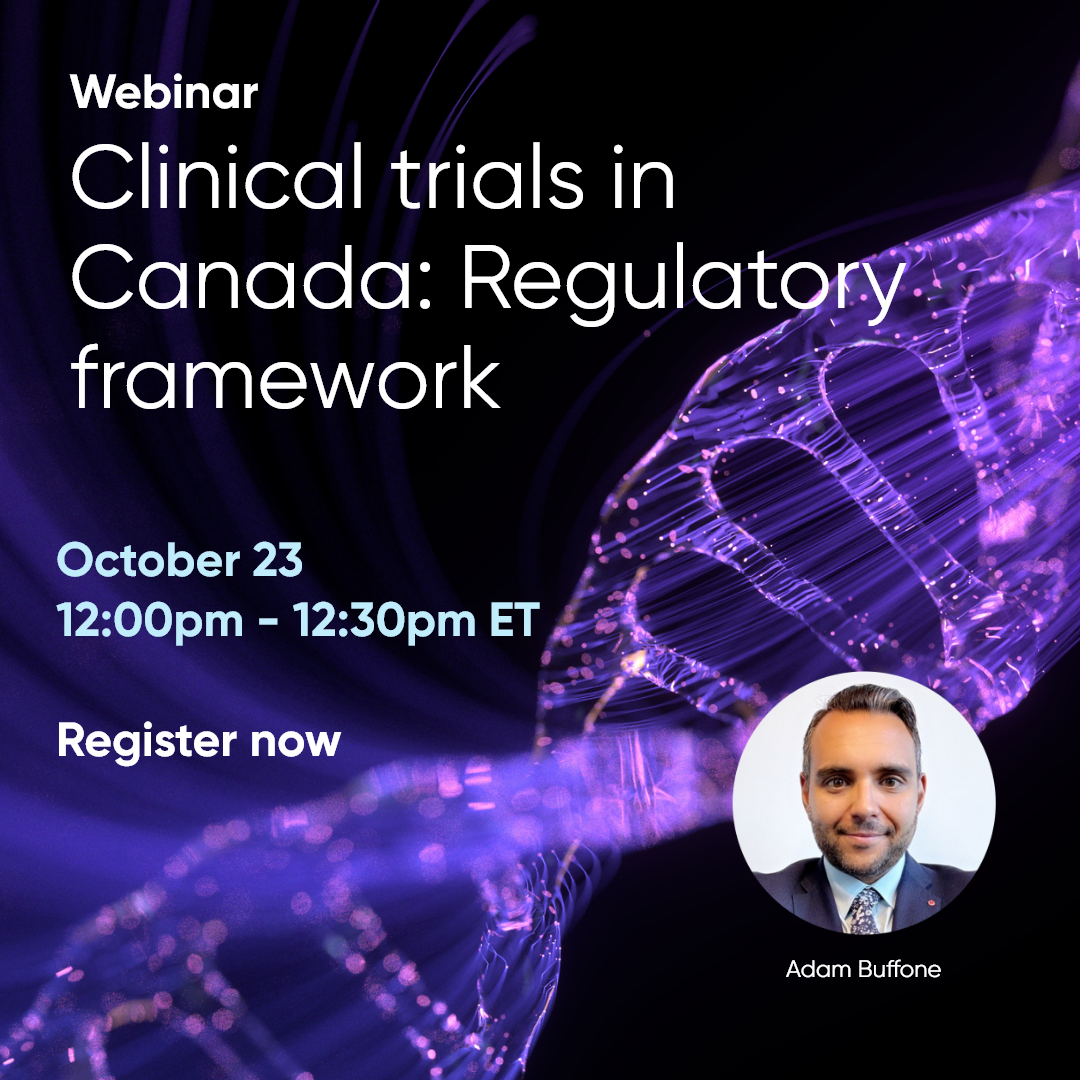 A square graphic promoting a Clinical Trials webinar on October 23, 2026