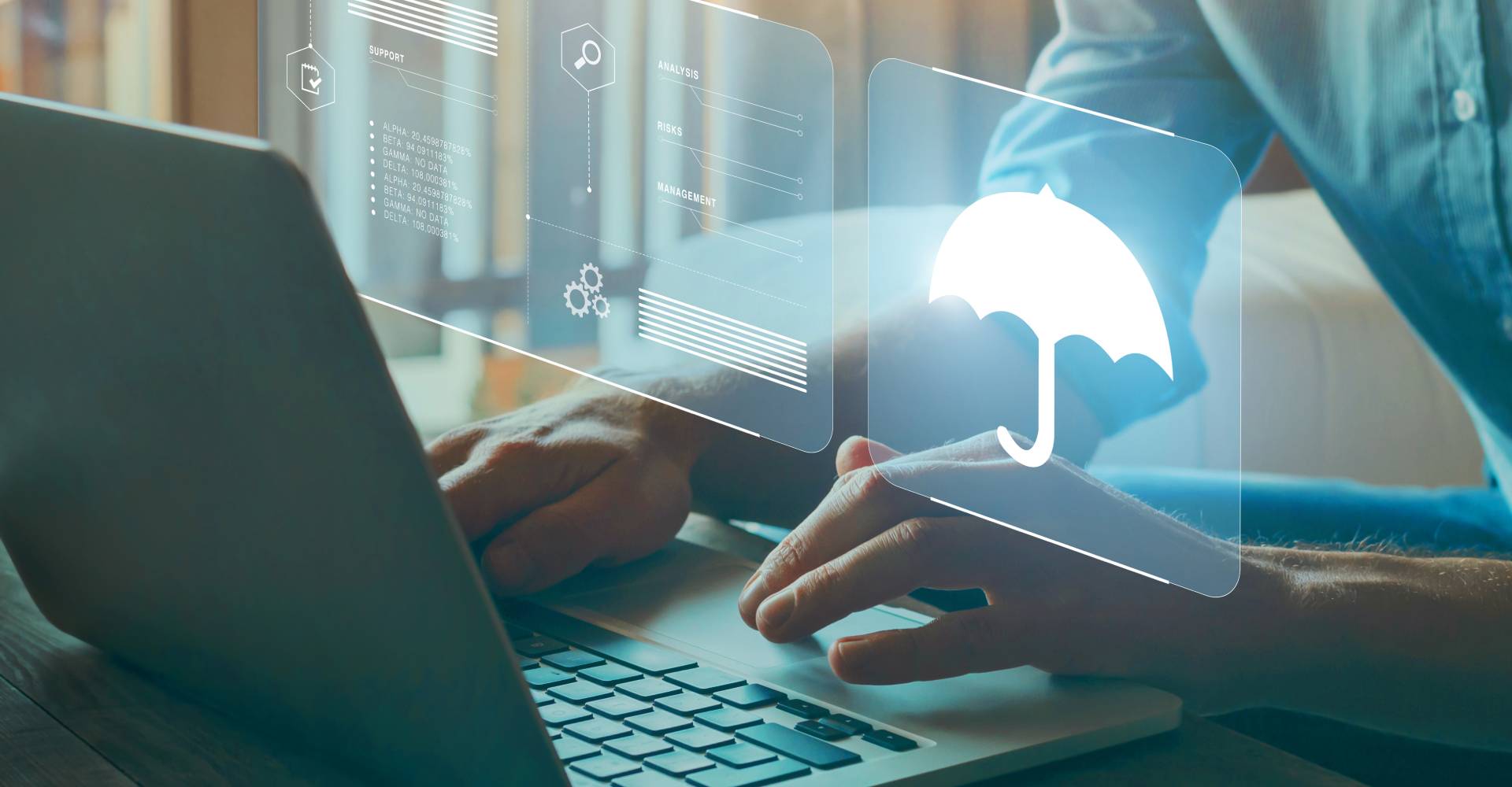 A person typing on a laptop with icons overlaid on the photo.